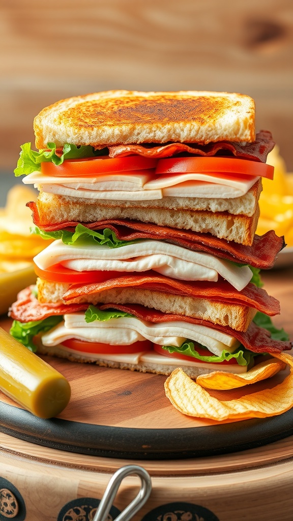 A delicious club sandwich with turkey, bacon, lettuce, tomato, and chips on a wooden board.